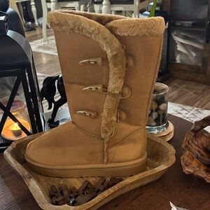 Tan Faux Fur Lined Boots with Buckle Accents